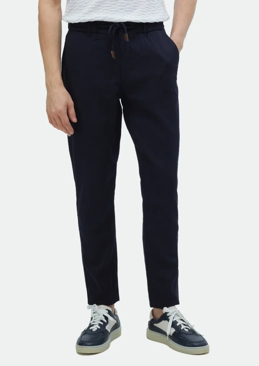 Lacivert Desenli Dokuma Jogging Fit Casual Pamuk Karışımlı Pantolon 
