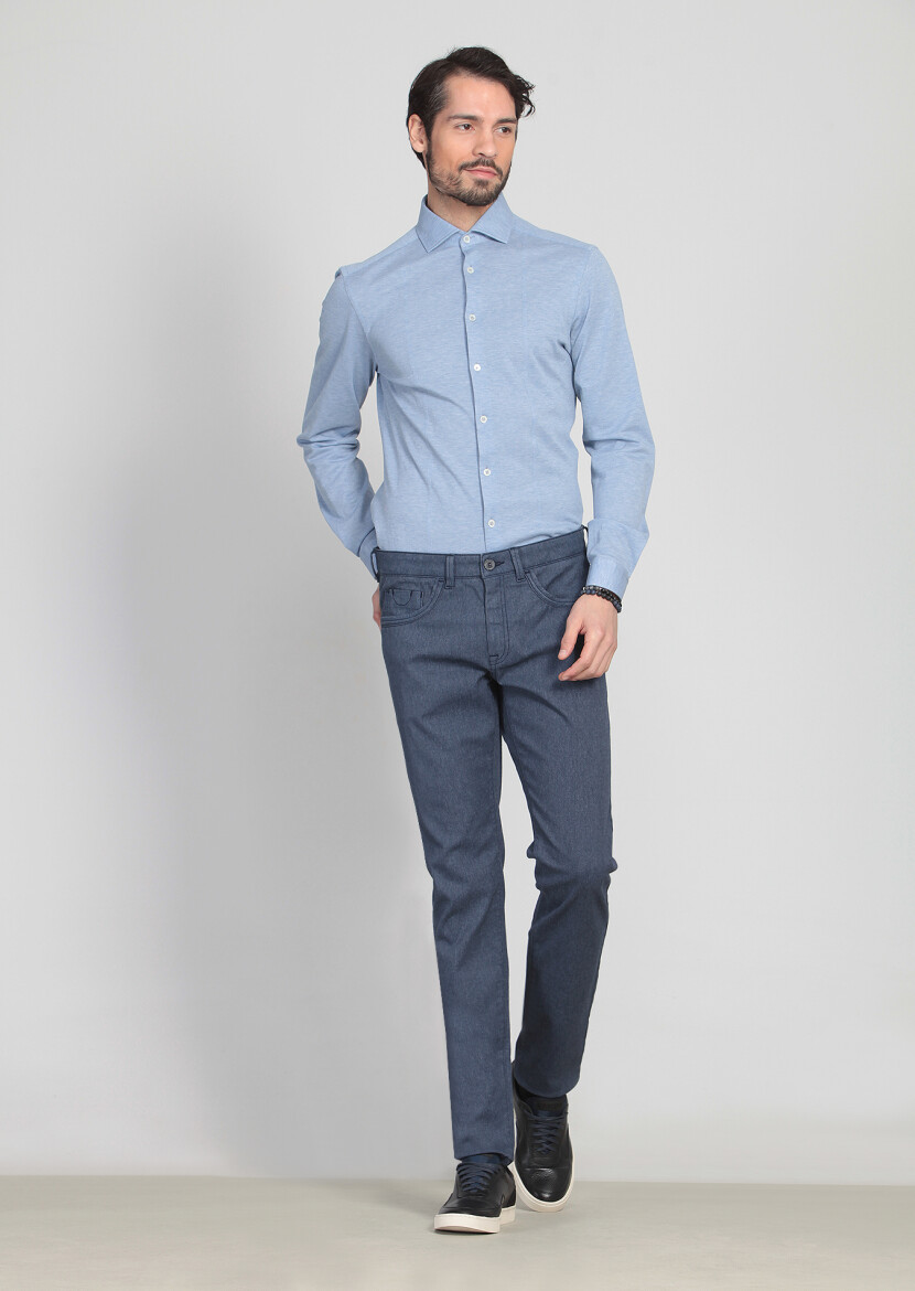 Lacivert Desenli Dokuma Slim Fit Casual Pamuk Karışımlı Pantolon - 1