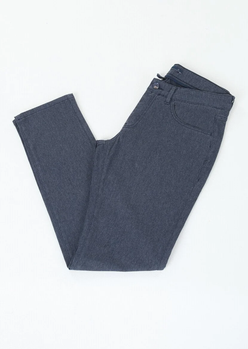 Lacivert Desenli Dokuma Slim Fit Casual Pamuk Karışımlı Pantolon - 1