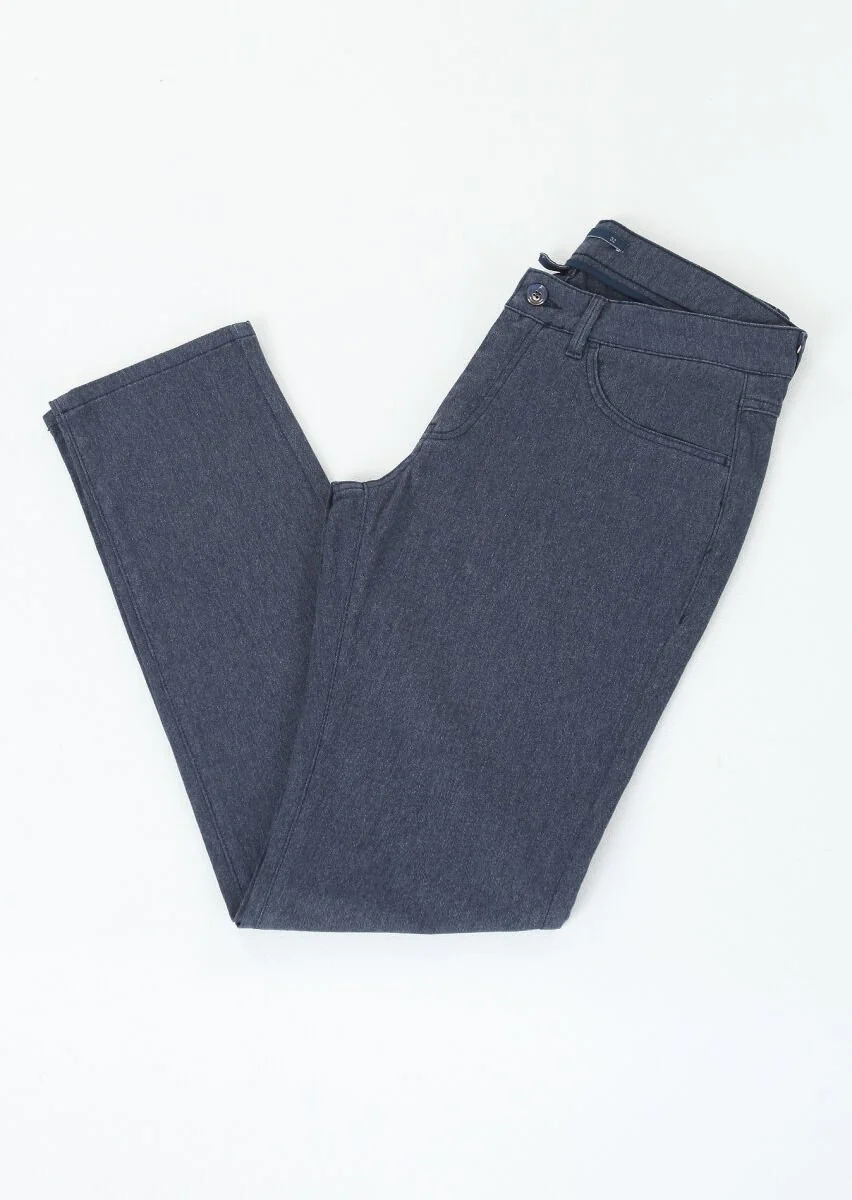 Lacivert Desenli Dokuma Slim Fit Casual Pamuk Karışımlı Pantolon - 1