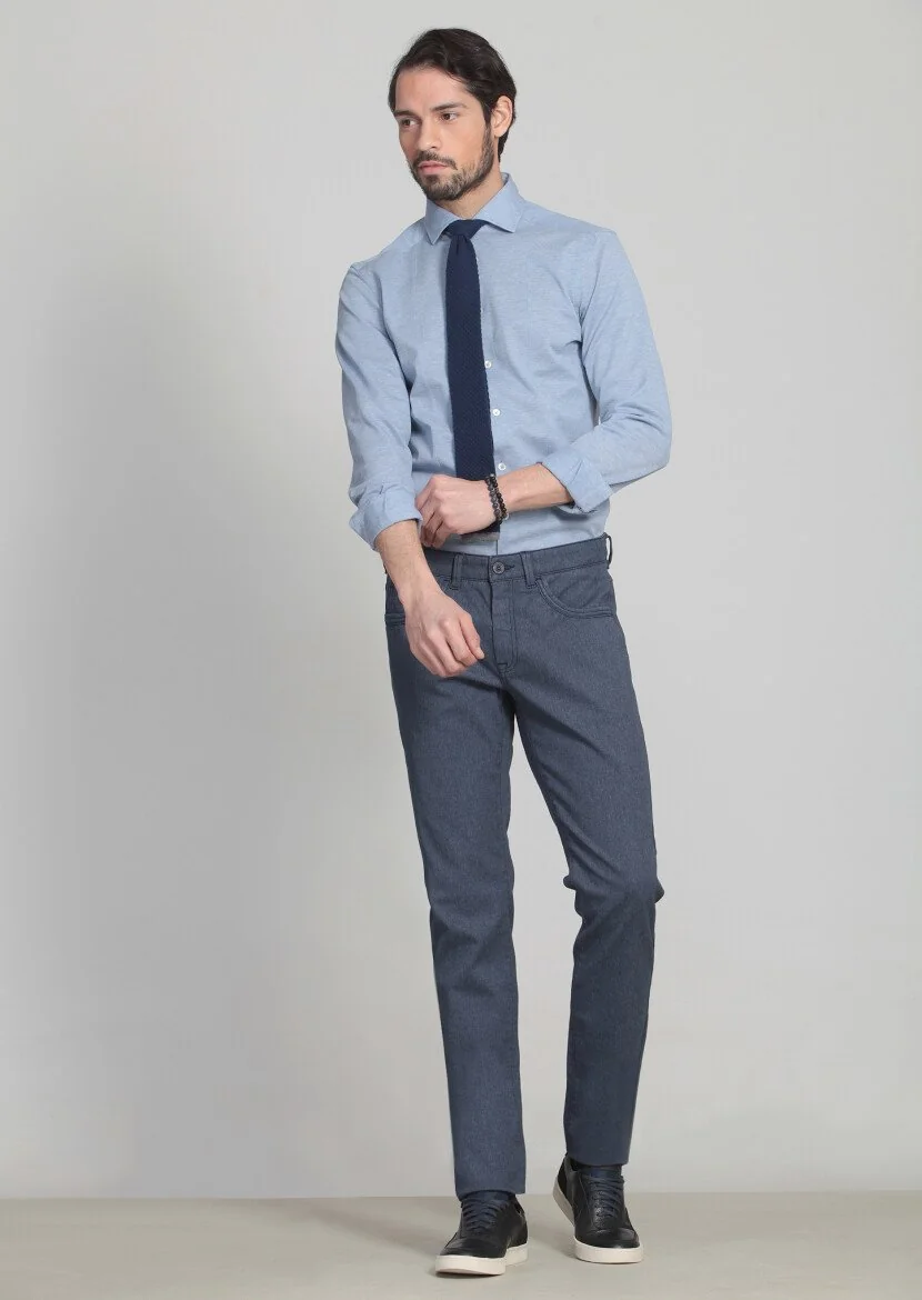 Lacivert Desenli Dokuma Slim Fit Casual Pamuk Karışımlı Pantolon - 3