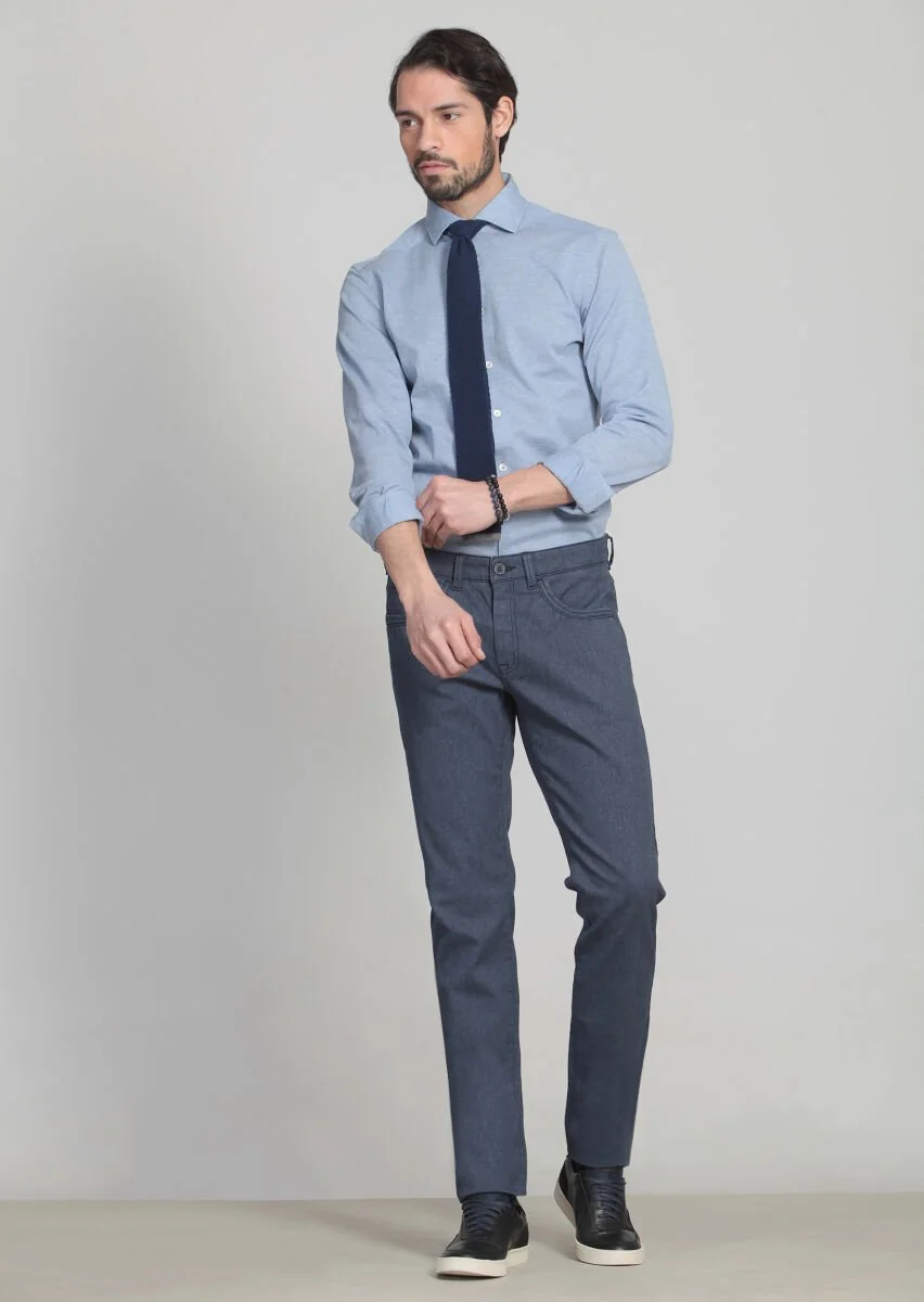 Lacivert Desenli Dokuma Slim Fit Casual Pamuk Karışımlı Pantolon - 3