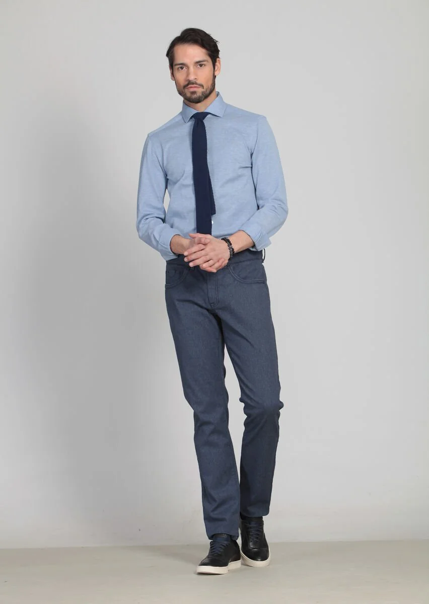 Lacivert Desenli Dokuma Slim Fit Casual Pamuk Karışımlı Pantolon - 5