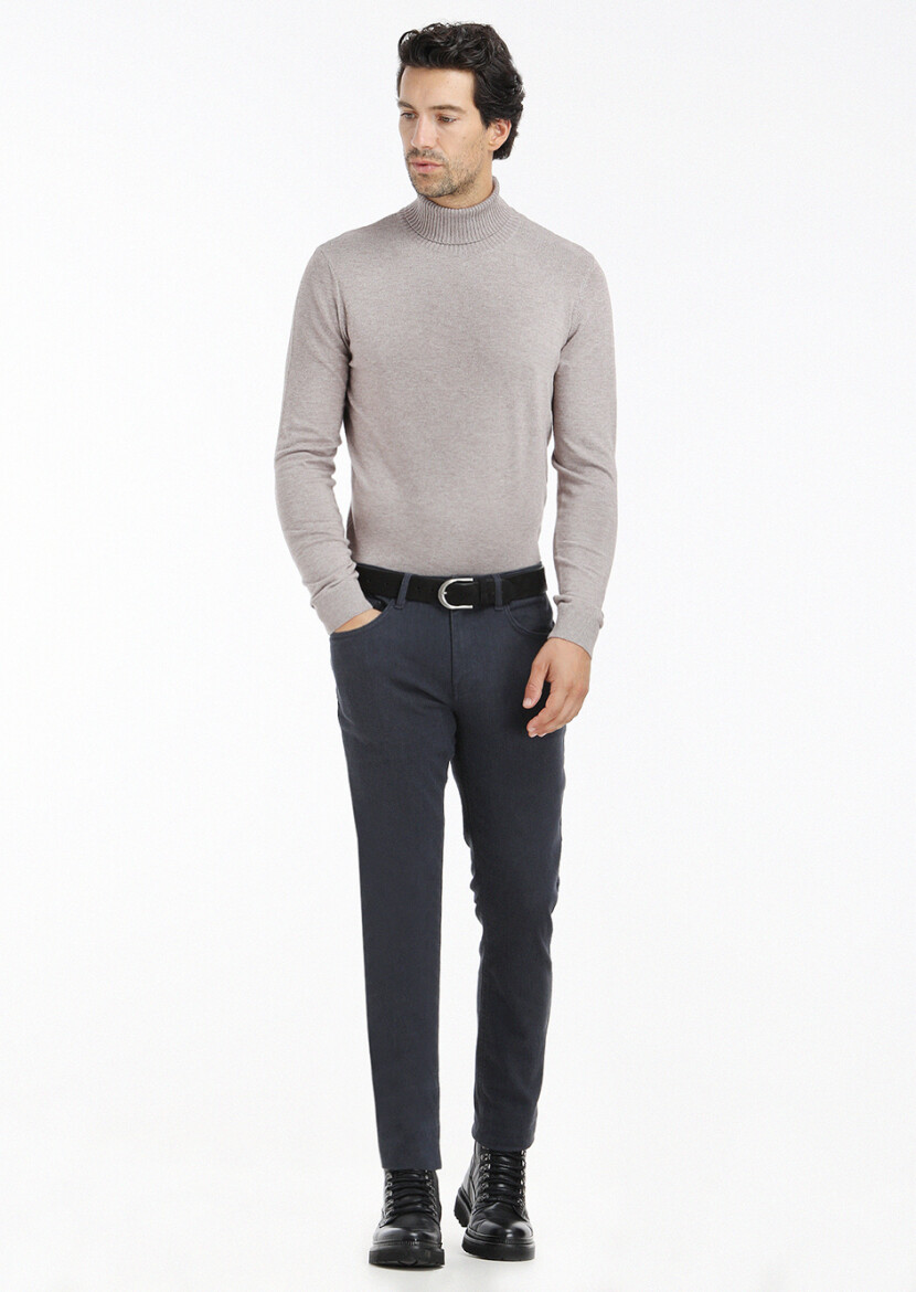 Lacivert Desenli Dokuma Slim Fit Casual Pamuk Karışımlı Pantolon - 1