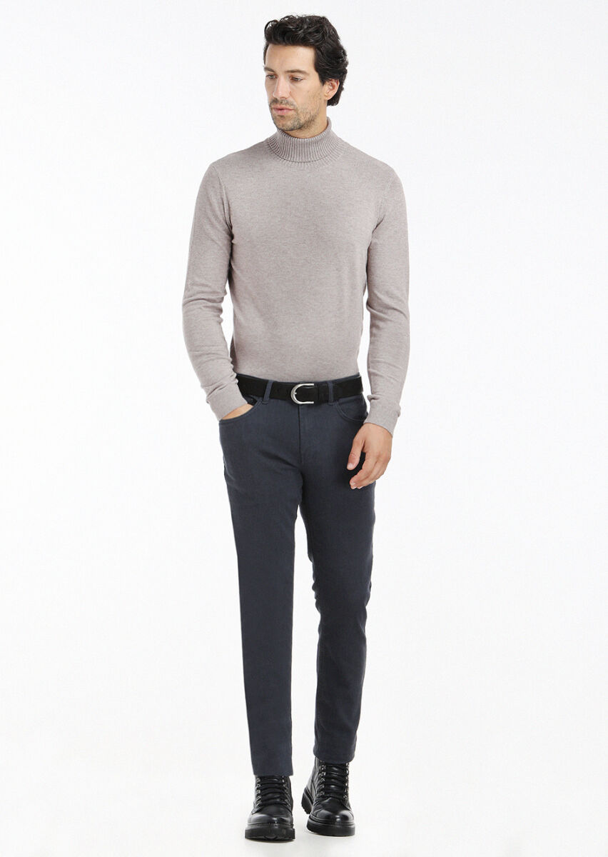 Lacivert Desenli Dokuma Slim Fit Casual Pamuk Karışımlı Pantolon - 1