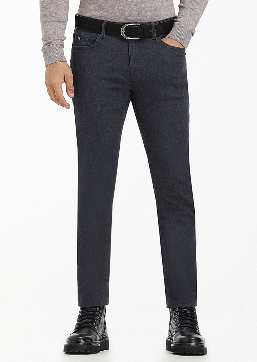 Lacivert Desenli Dokuma Slim Fit Casual Pamuk Karışımlı Pantolon - 2
