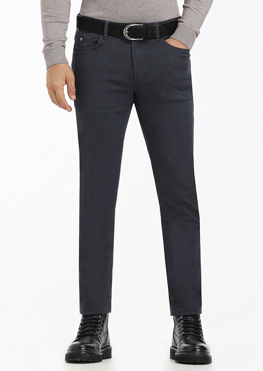 Lacivert Desenli Dokuma Slim Fit Casual Pamuk Karışımlı Pantolon - 2