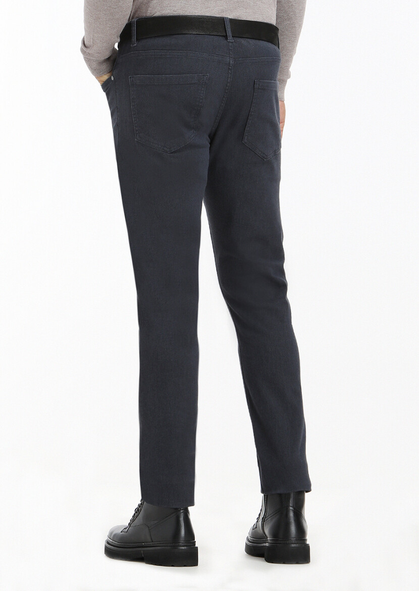 Lacivert Desenli Dokuma Slim Fit Casual Pamuk Karışımlı Pantolon - 4