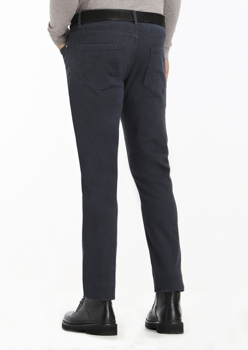 Lacivert Desenli Dokuma Slim Fit Casual Pamuk Karışımlı Pantolon - 4