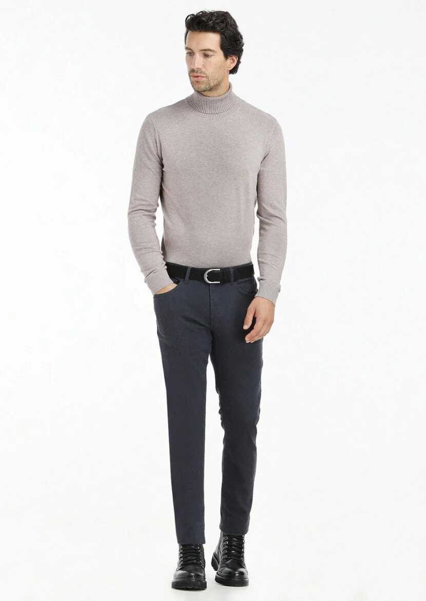 Lacivert Desenli Dokuma Slim Fit Casual Pamuk Karışımlı Pantolon - 1