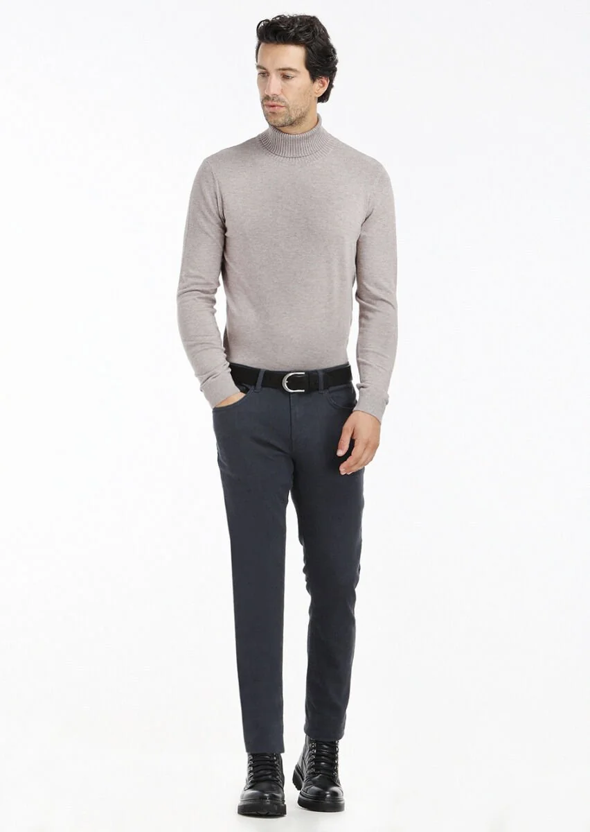 Lacivert Desenli Dokuma Slim Fit Casual Pamuk Karışımlı Pantolon - 1