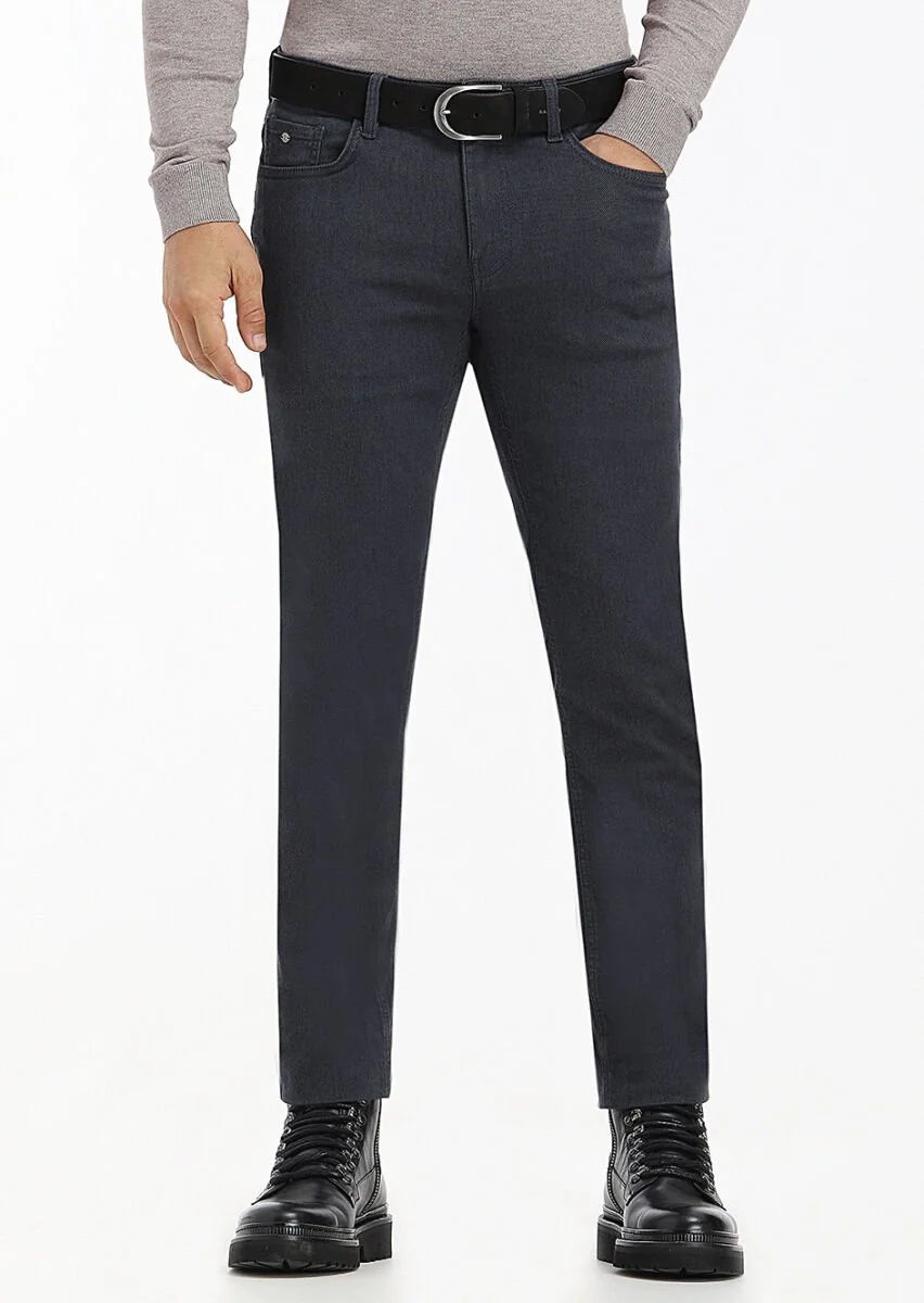 Lacivert Desenli Dokuma Slim Fit Casual Pamuk Karışımlı Pantolon - 2
