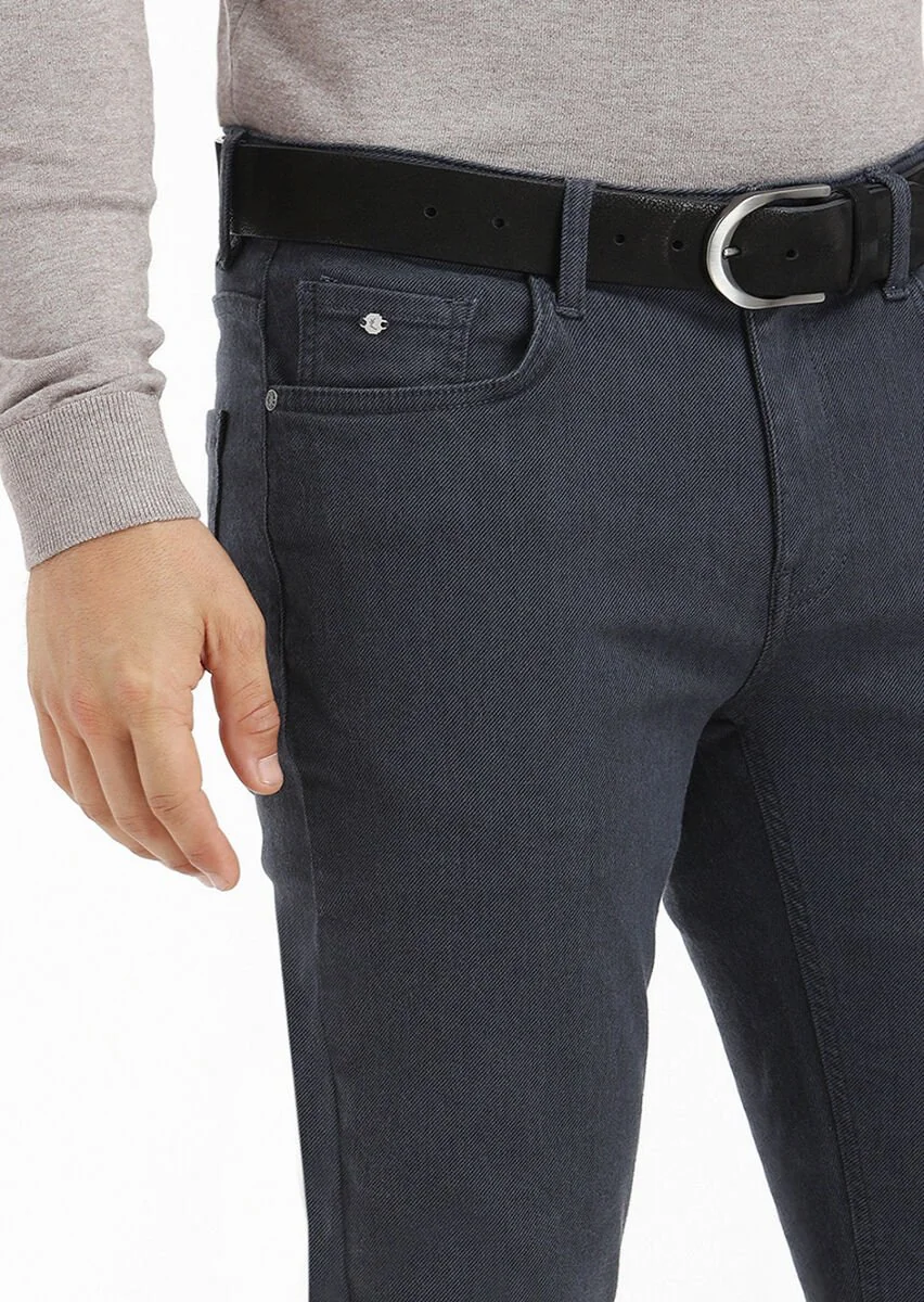 Lacivert Desenli Dokuma Slim Fit Casual Pamuk Karışımlı Pantolon - 3