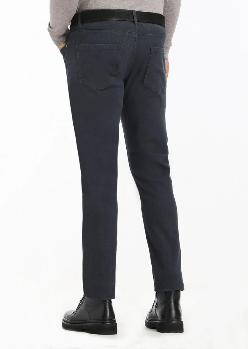 Lacivert Desenli Dokuma Slim Fit Casual Pamuk Karışımlı Pantolon - 4