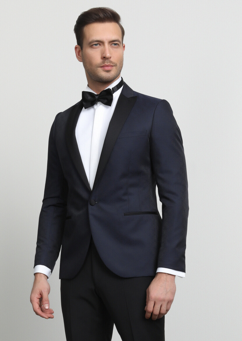 Lacivert Desenli Fashion Slim Fit Kruvaze Yaka Dokuma Smokin Takım Elbise - 1
