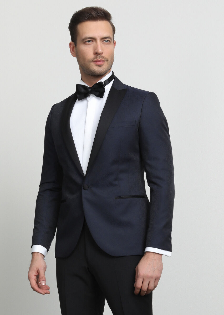 Lacivert Desenli Fashion Slim Fit Kruvaze Yaka Dokuma Smokin Takım Elbise - 1