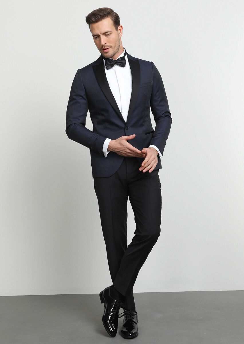 Lacivert Desenli Fashion Slim Fit Kruvaze Yaka Dokuma Smokin Takım Elbise - 3