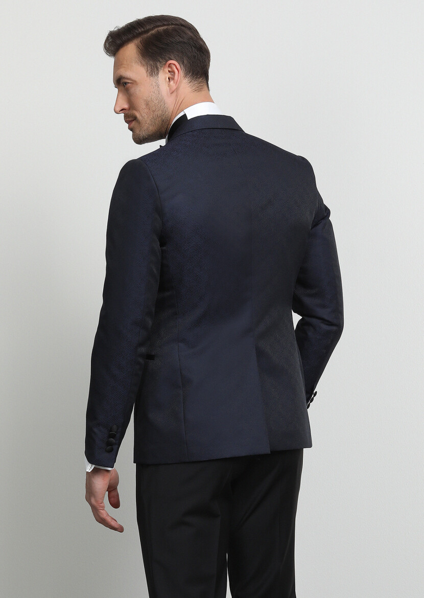 Lacivert Desenli Fashion Slim Fit Kruvaze Yaka Dokuma Smokin Takım Elbise - 4
