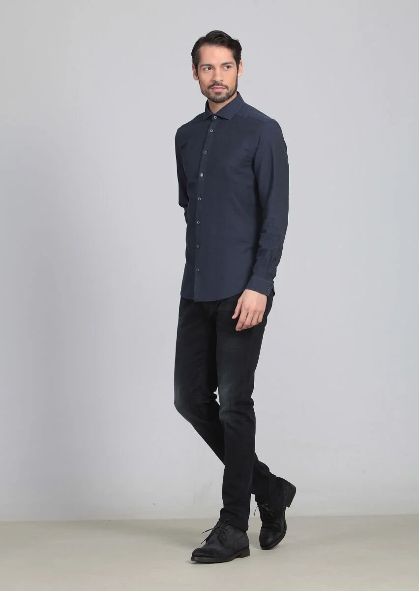 Lacivert Desenli Fitted Fit Dokuma Casual %100 Pamuk Gömlek - 3