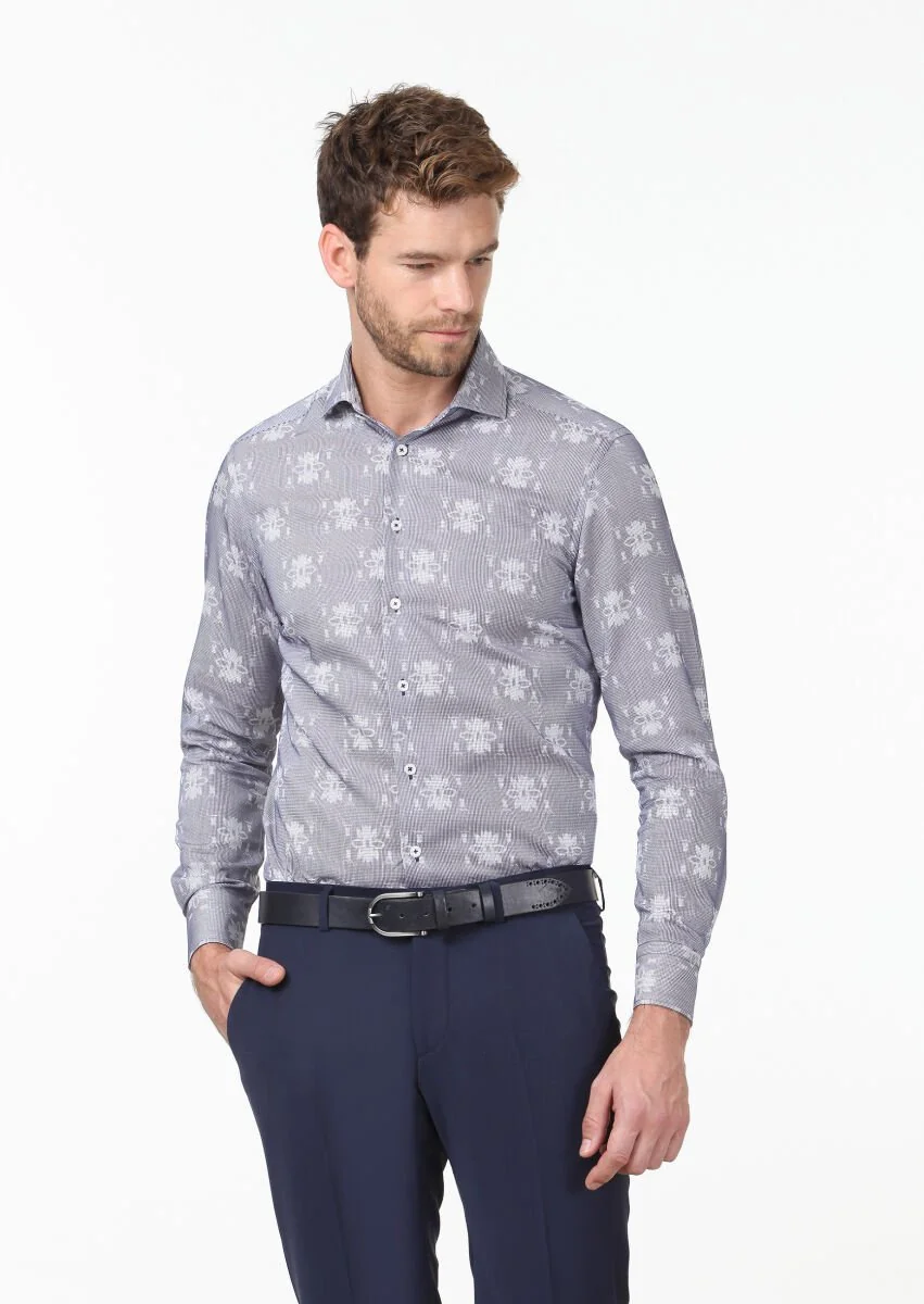Lacivert Desenli Fitted Fit Dokuma Klasik %100 Pamuk Gömlek - 1