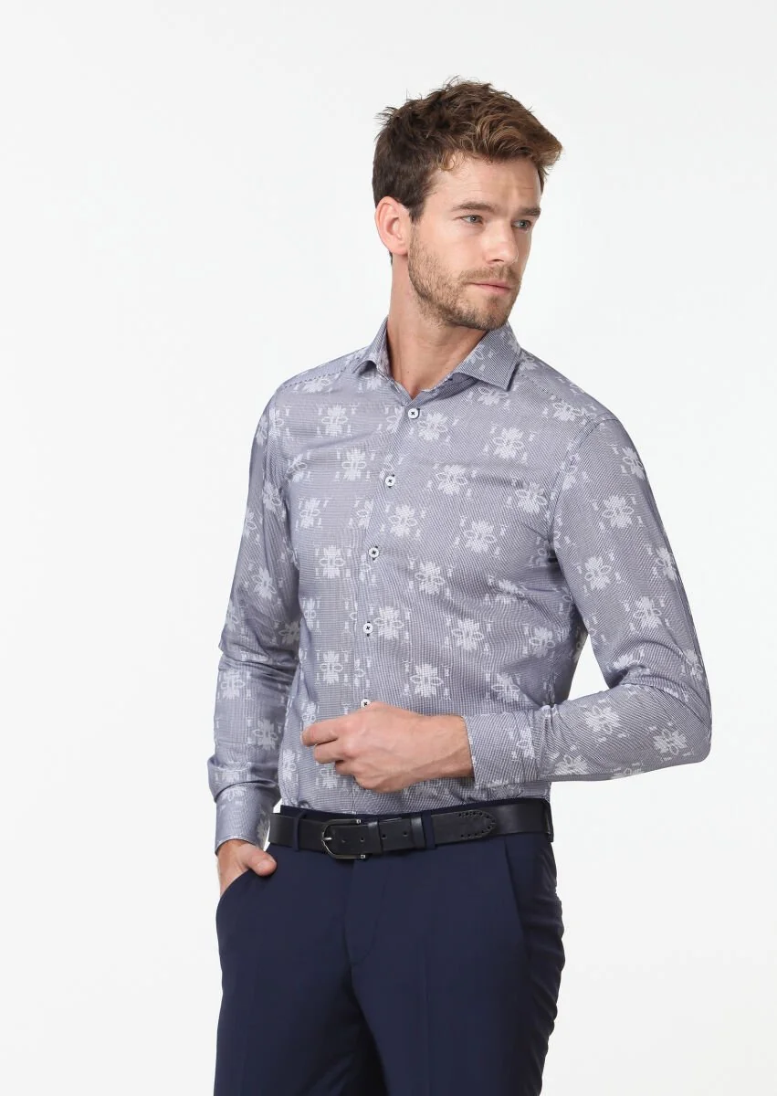 Lacivert Desenli Fitted Fit Dokuma Klasik %100 Pamuk Gömlek - 3