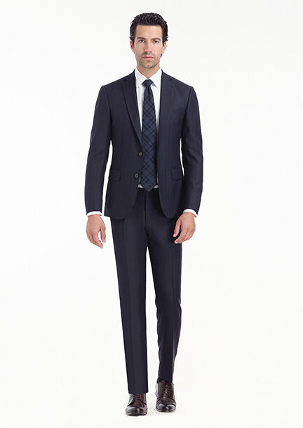 Lacivert Desenli Modern Fit %100 Yün Takım Elbise - 1