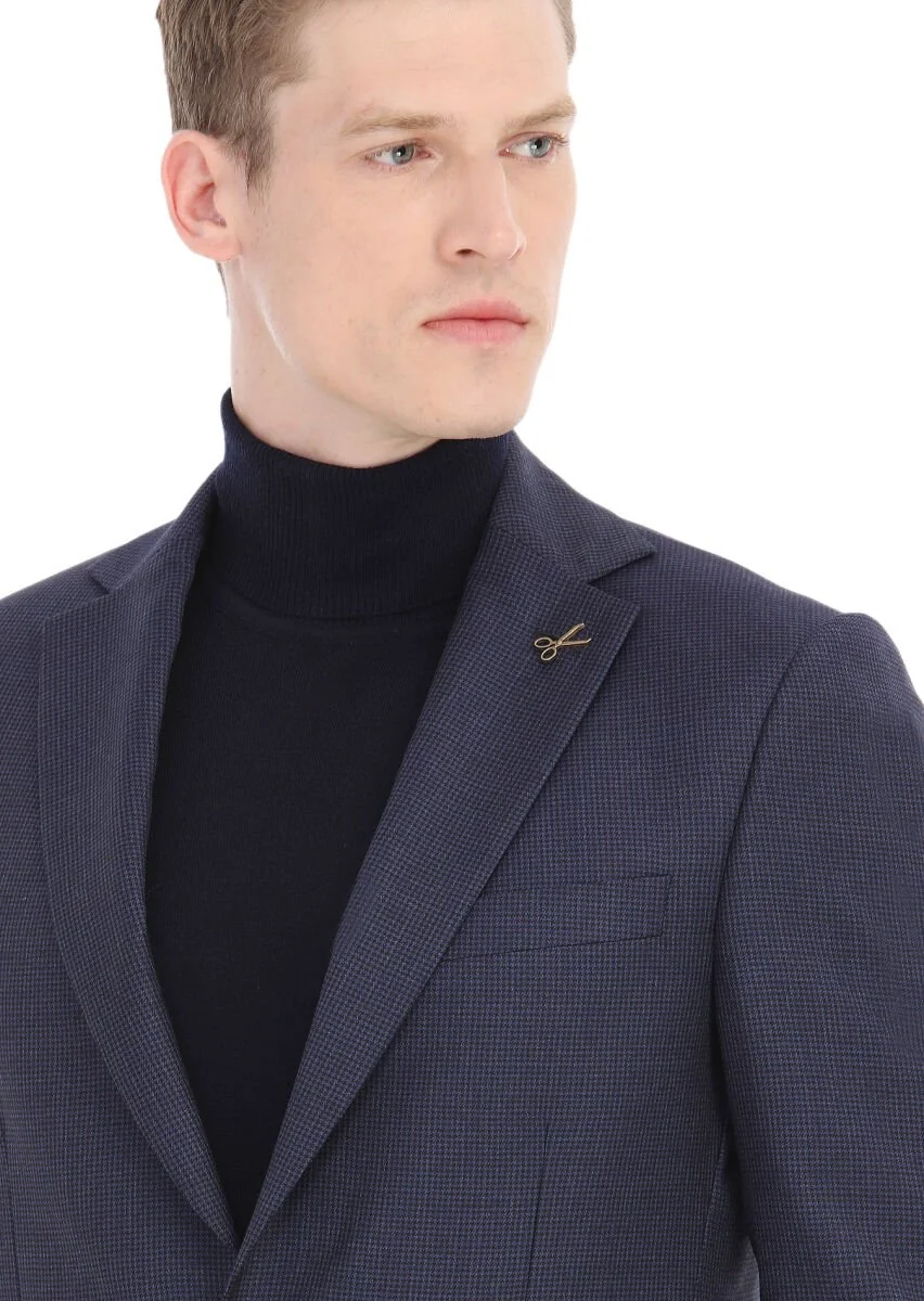 Lacivert Desenli Modern Fit %100 Yün Takım Elbise - 4