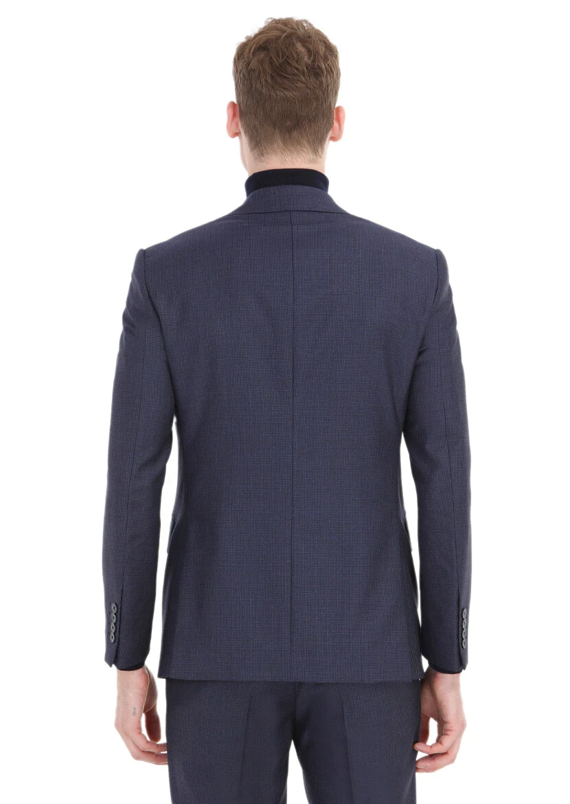 Lacivert Desenli Modern Fit %100 Yün Takım Elbise - 6