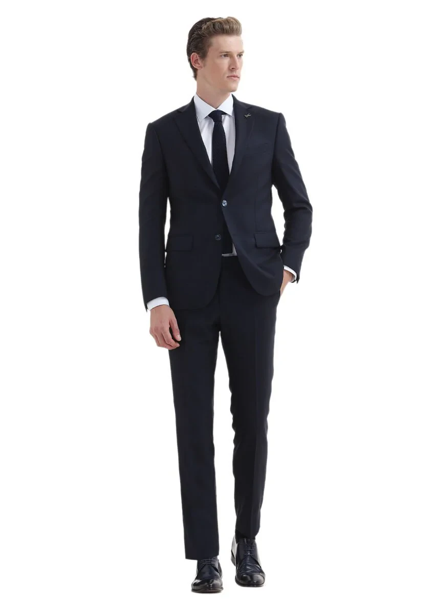 Lacivert Desenli Modern Fit %100 Yün Takım Elbise - 1