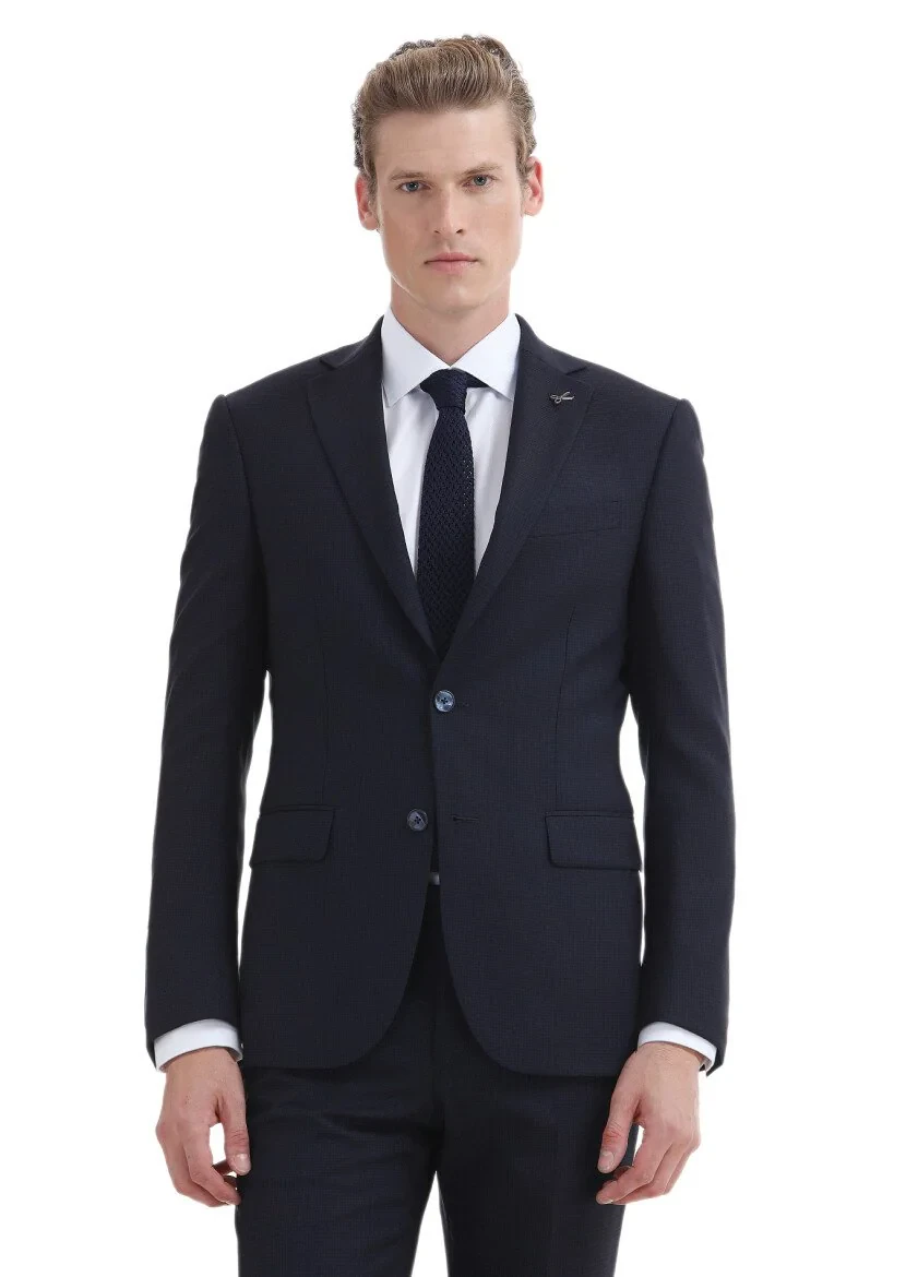 Lacivert Desenli Modern Fit %100 Yün Takım Elbise - 2