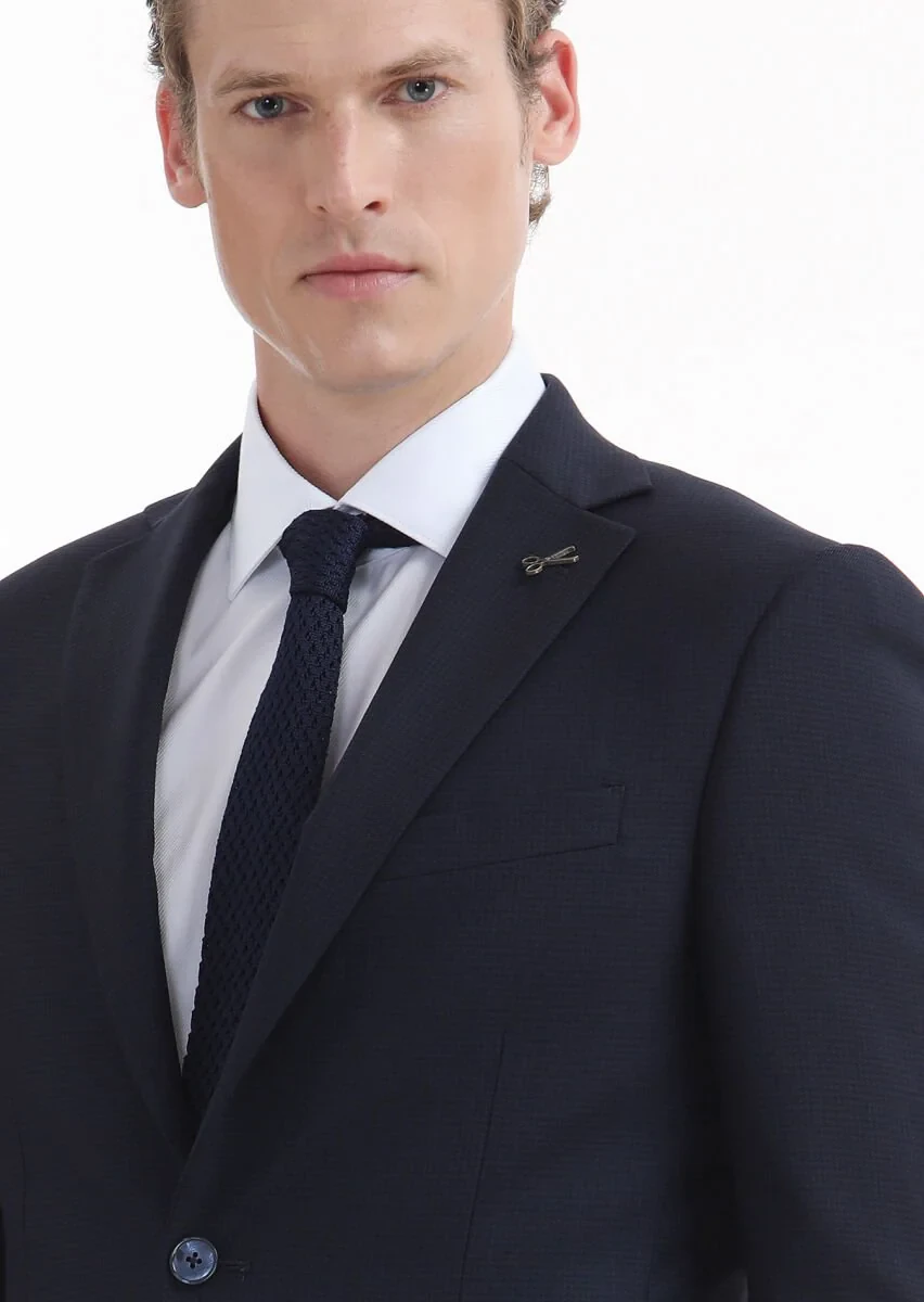Lacivert Desenli Modern Fit %100 Yün Takım Elbise - 3