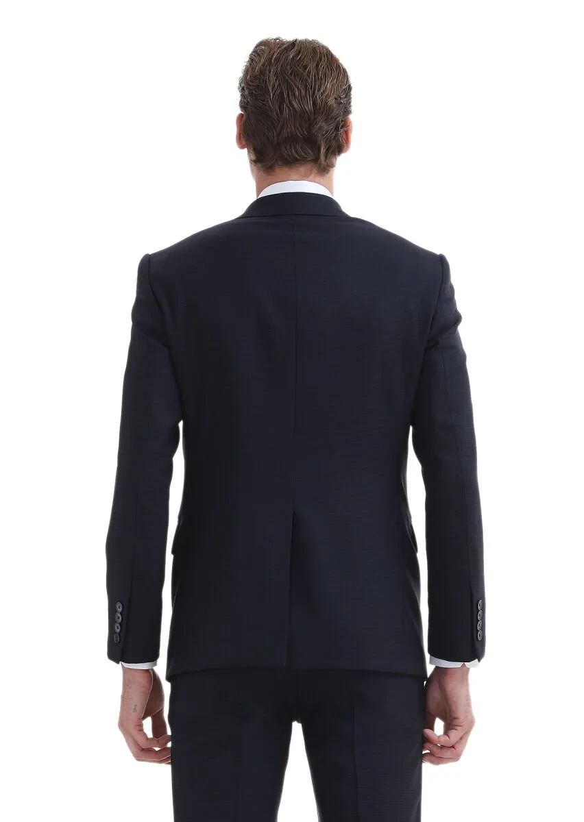 Lacivert Desenli Modern Fit %100 Yün Takım Elbise - 5