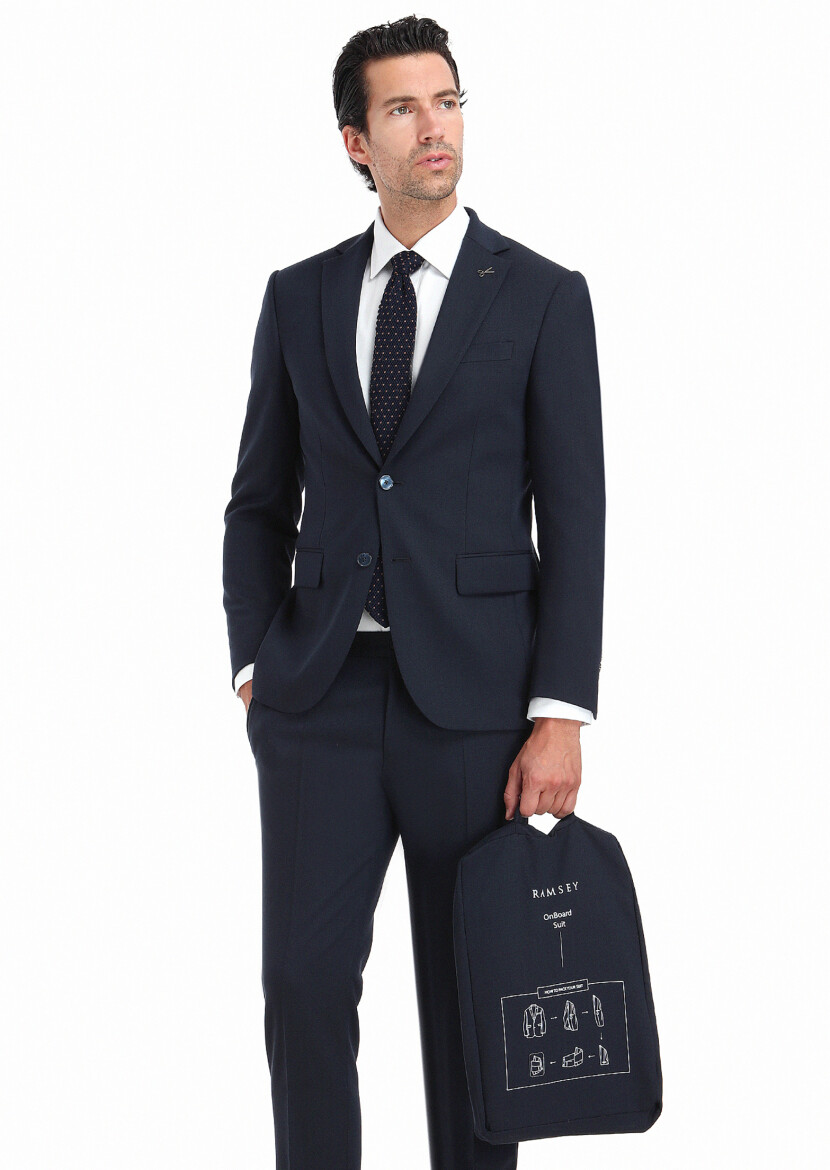 Lacivert Desenli Modern Fit Yün Karışımlı Takım Elbise 
