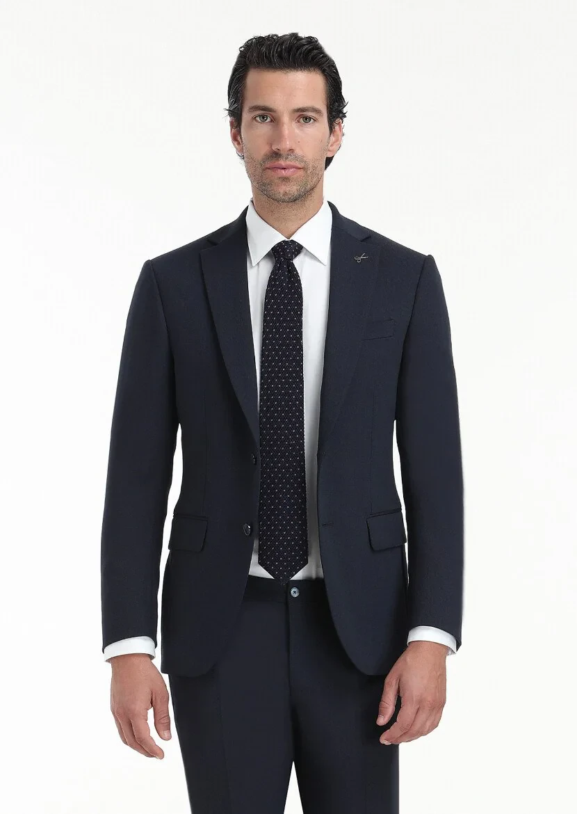 Lacivert Desenli Modern Fit Yün Karışımlı Takım Elbise - 1