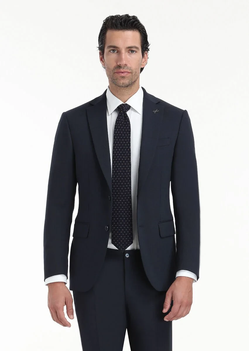 Lacivert Desenli Modern Fit Yün Karışımlı Takım Elbise - 1