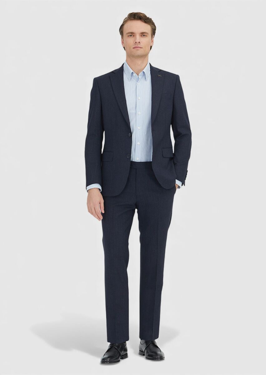 Lacivert Desenli Modern Fit Yün Karışımlı Takım Elbise - 1
