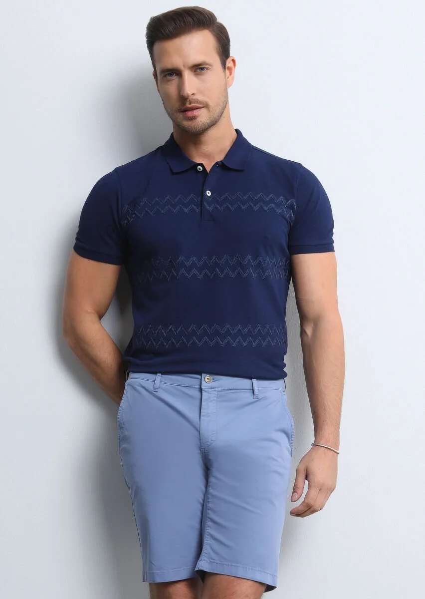 Lacivert Desenli Polo Yaka %100 Pamuk T-Shirt - 3