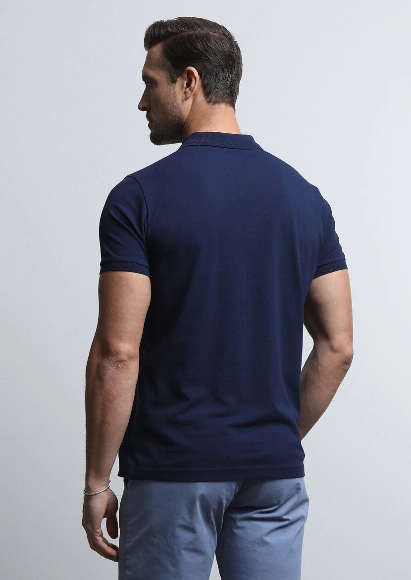 Lacivert Desenli Polo Yaka %100 Pamuk T-Shirt - 5