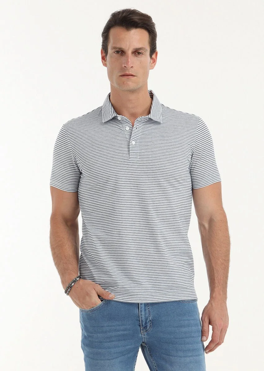 Lacivert Desenli Polo Yaka Pamuk Karışımlı T-Shirt - 2