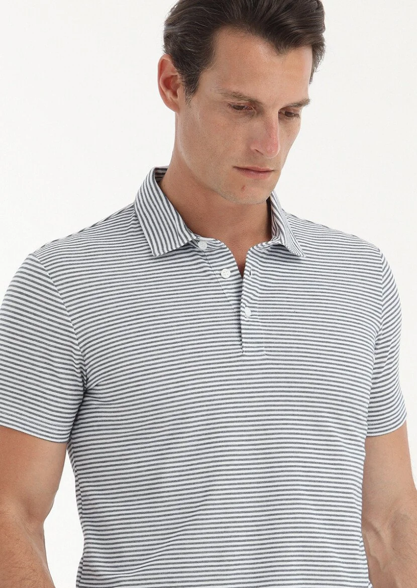 Lacivert Desenli Polo Yaka Pamuk Karışımlı T-Shirt - 3