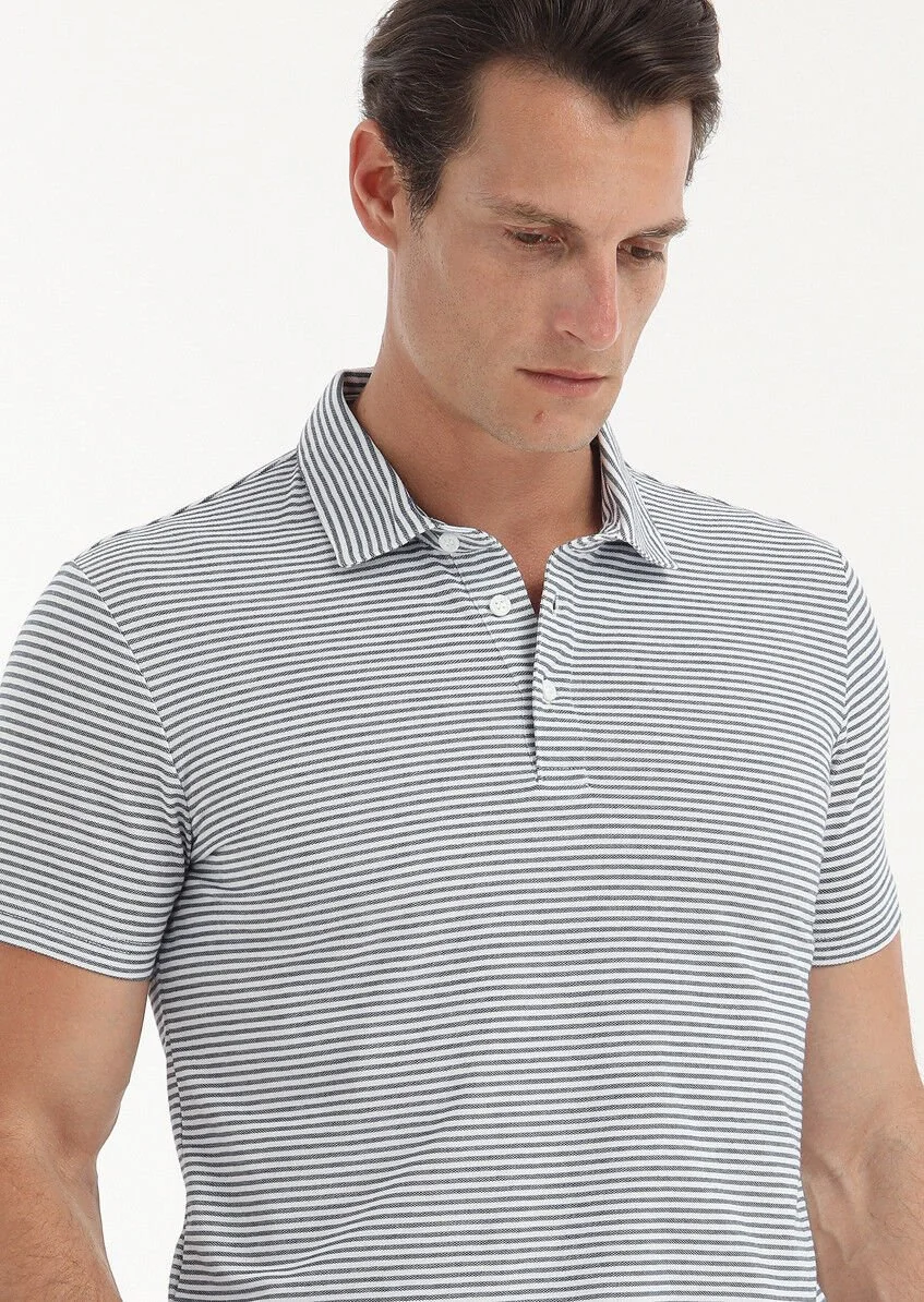 Lacivert Desenli Polo Yaka Pamuk Karışımlı T-Shirt - 3