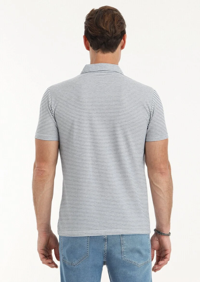 Lacivert Desenli Polo Yaka Pamuk Karışımlı T-Shirt - 4