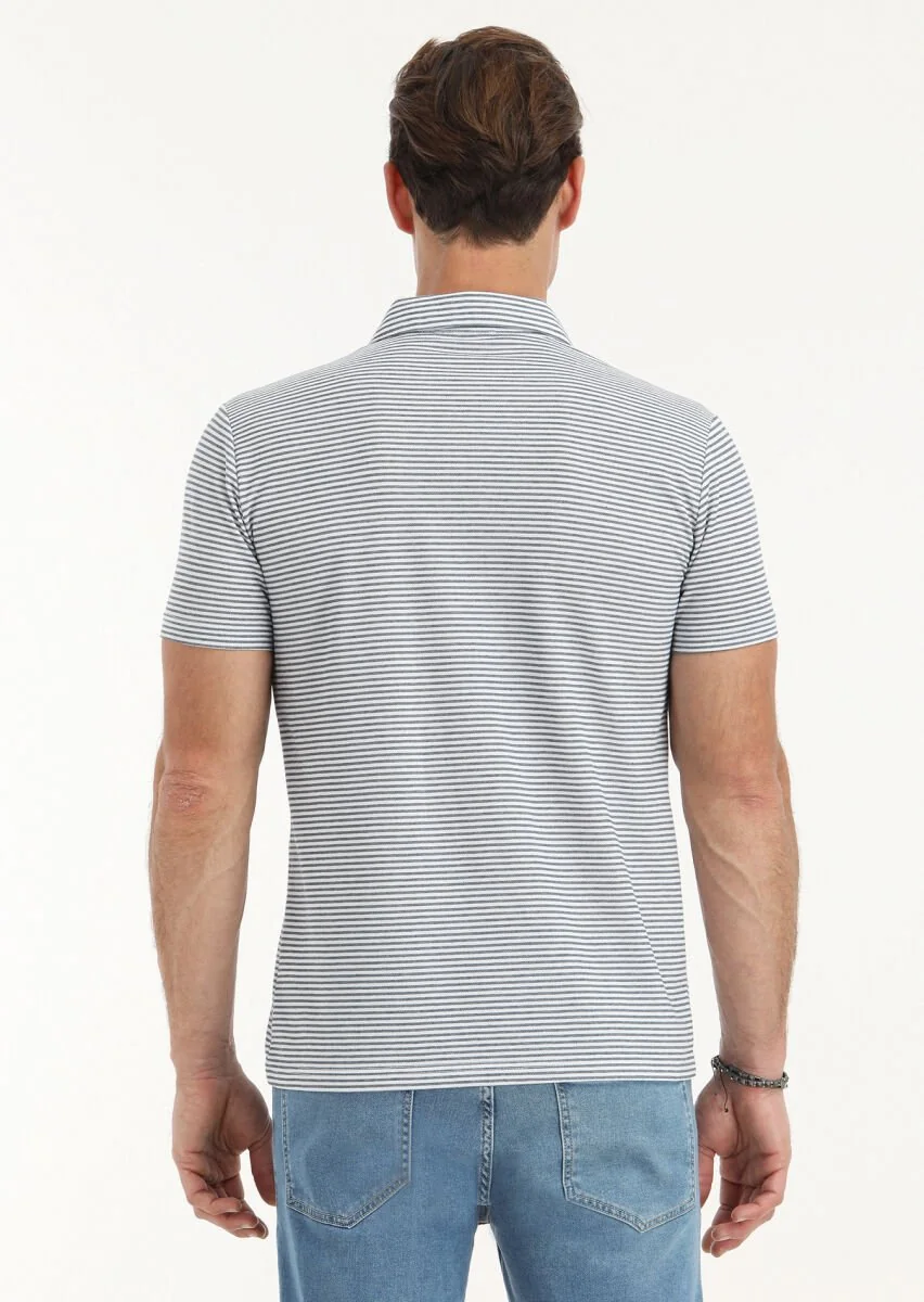 Lacivert Desenli Polo Yaka Pamuk Karışımlı T-Shirt - 4