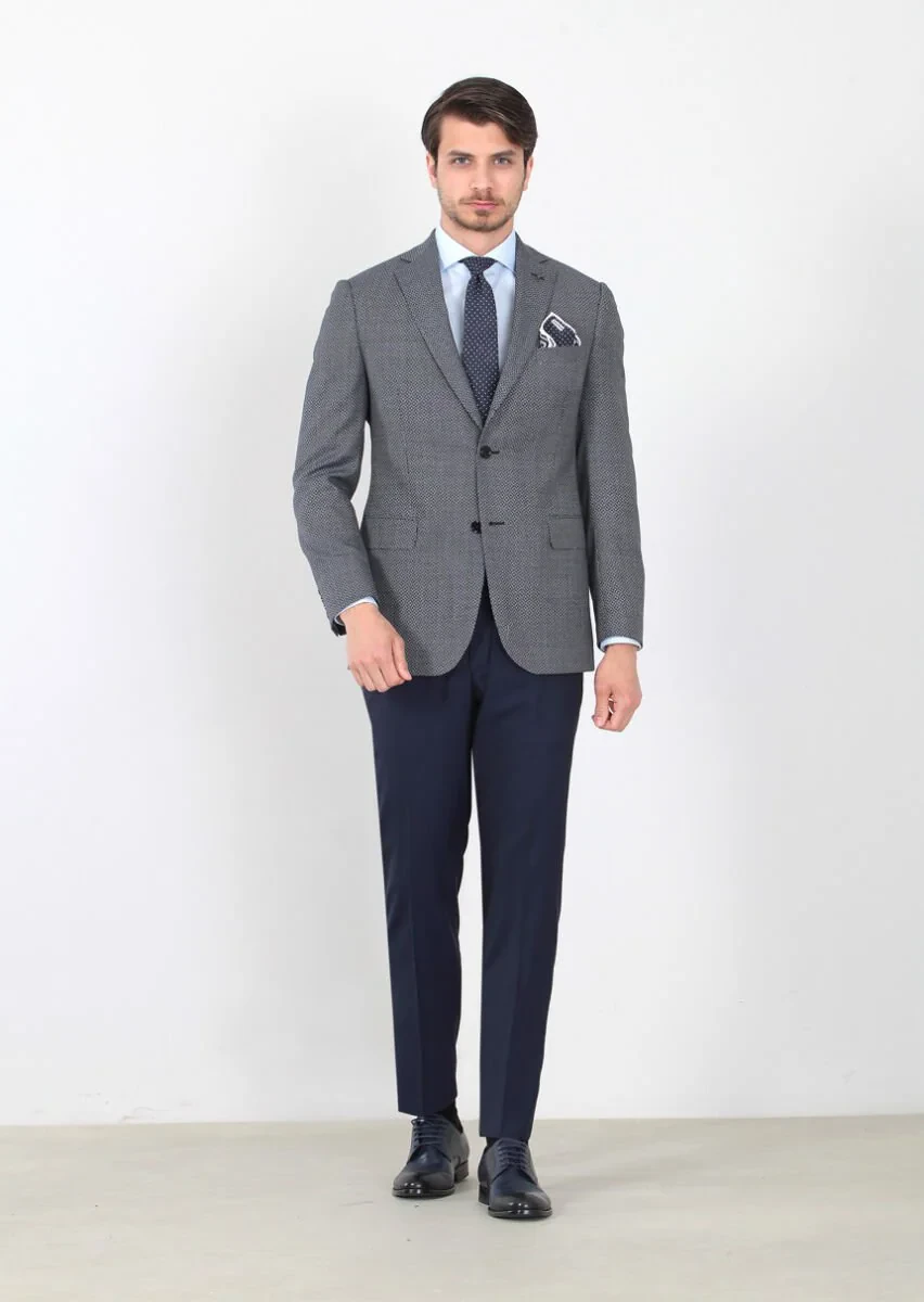 Lacivert Desenli Regular Fit %100 Yün Ceket - 1