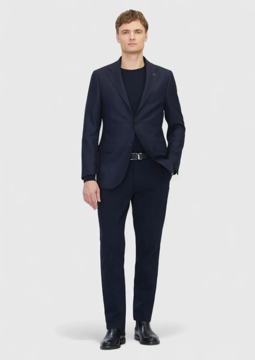 Lacivert Desenli Regular Fit %100 Yün Ceket - 2