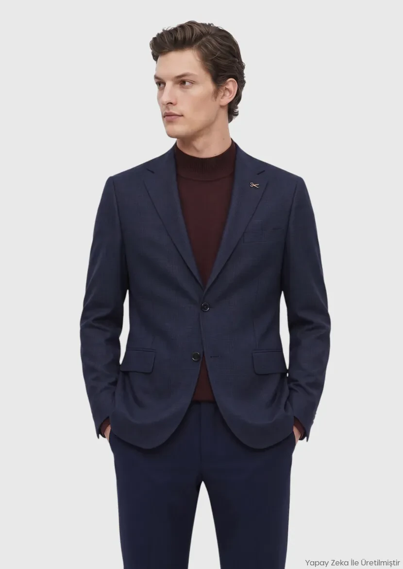 Lacivert Desenli Regular Fit %100 Yün Ceket - RAMSEY