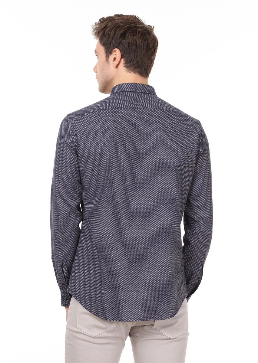 Lacivert Desenli Regular Fit Dokuma Casual %100 Pamuk Gömlek - 4