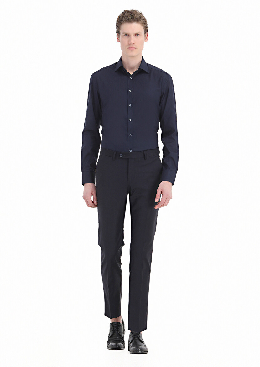 Lacivert Desenli Regular Fit Dokuma Klasik %100 Pamuk Gömlek 