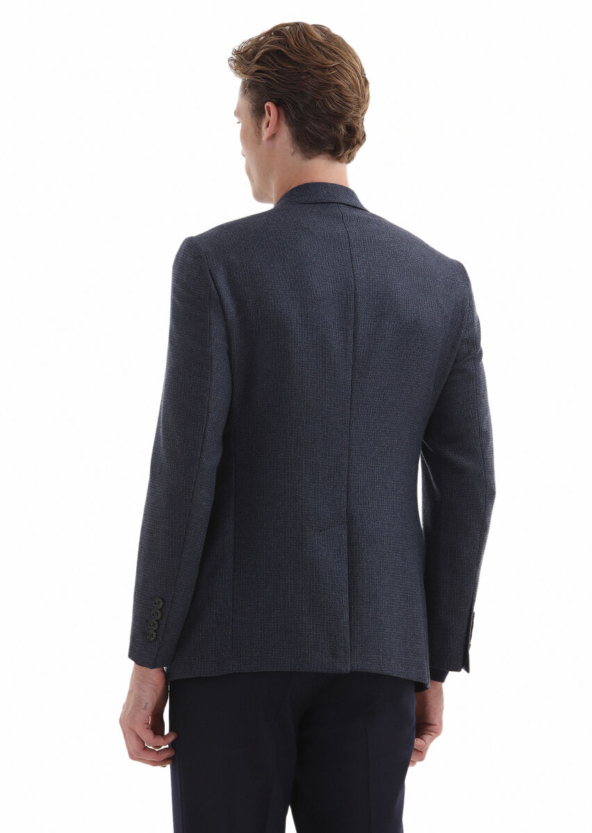 Lacivert Desenli Regular Fit İpek Karışımlı Ceket - 4