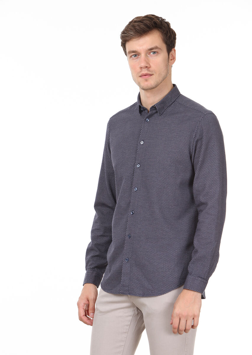 Lacivert Desenli Regular Fit Uzun Dokuma Casual %100 Pamuk Gömlek - 1